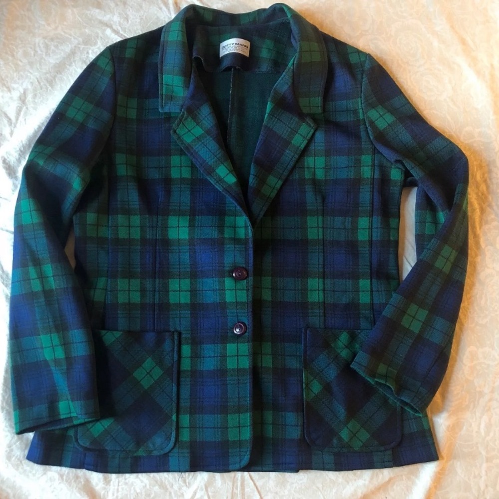 Vtg Dotty Mann Med Blue Green Plaid 2 Button Blazer Lightweight Pockets Academia